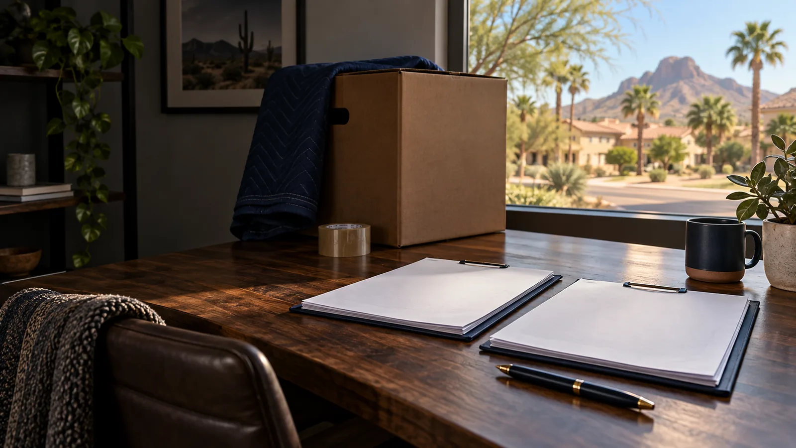 Blank moving estimate documents on a desk overlooking an Arizona neighborhood
