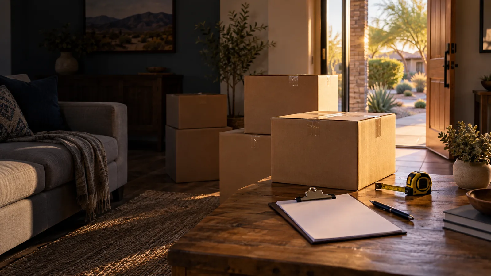 Packed boxes, a blank move planner, and measuring tape in an Arizona living room