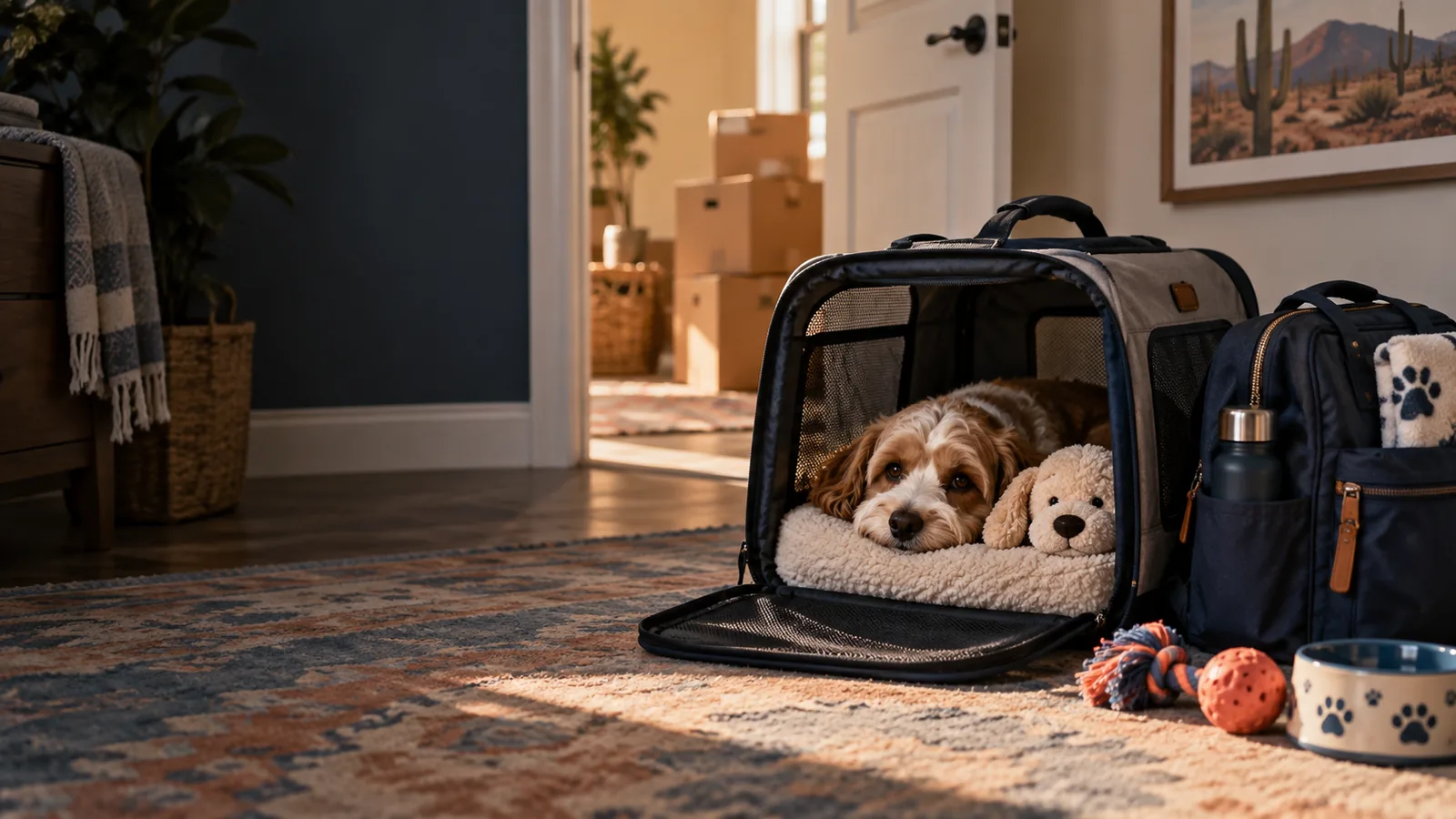 A dog resting in a carrier beside a comfort toy and essentials bag away from the moving area