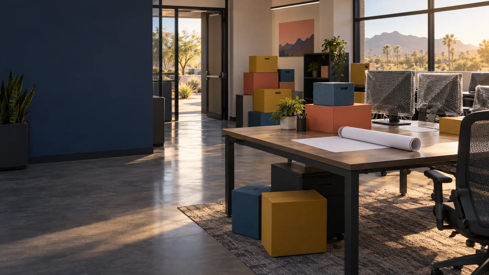 Office desks, protected monitors, and moving boxes arranged for a business relocation