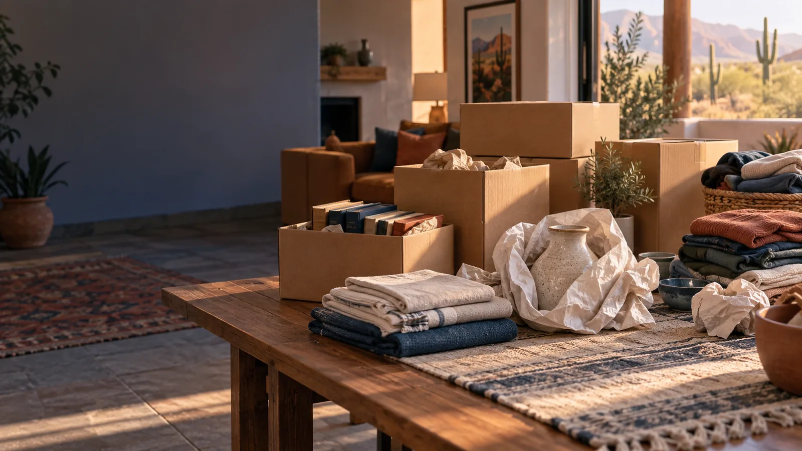 Organized moving boxes, folded linens, and protected household items ready for packing