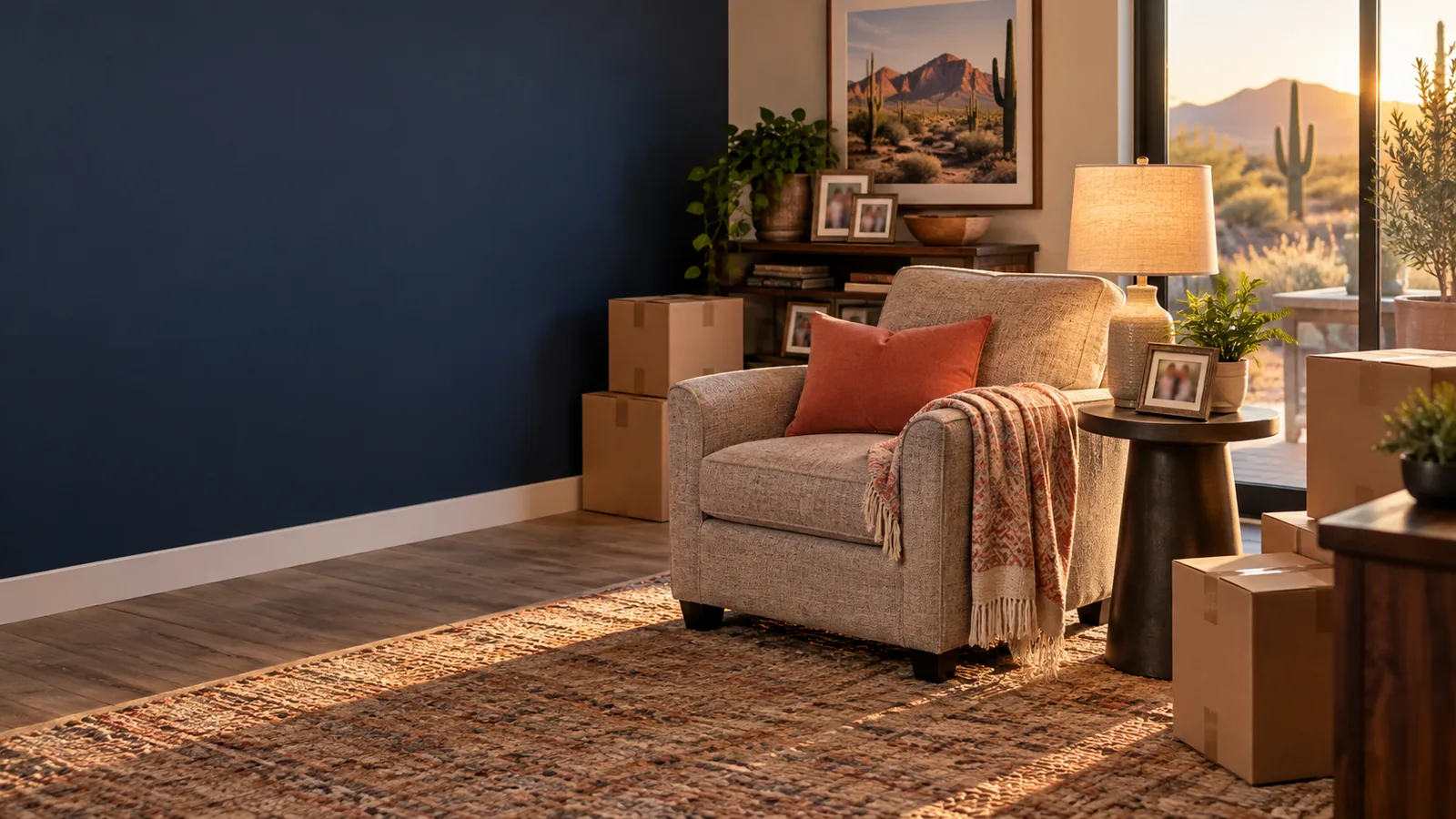 A familiar armchair, lamp, and framed photos set up in a smaller new home